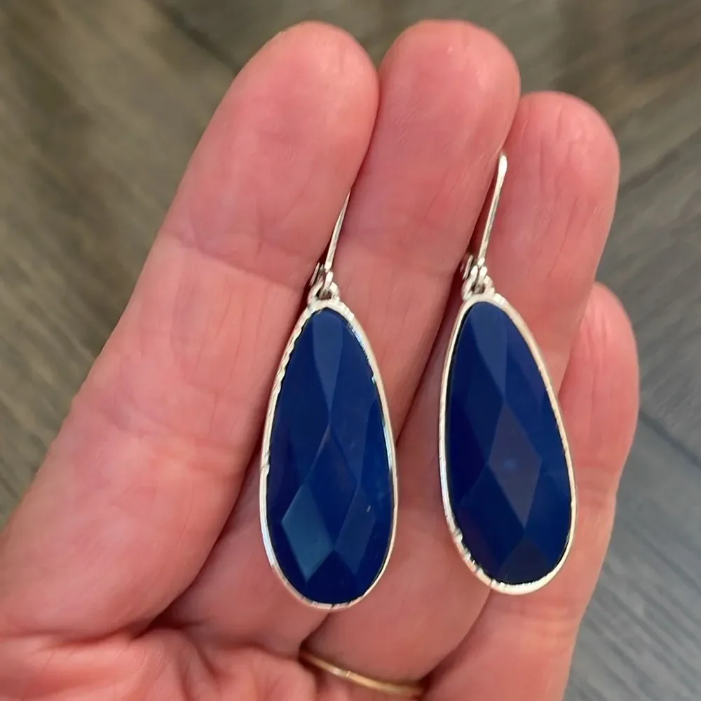 Long Silver-tone Tear Drop Lever Bag Earrings with Blue Faceted Gem